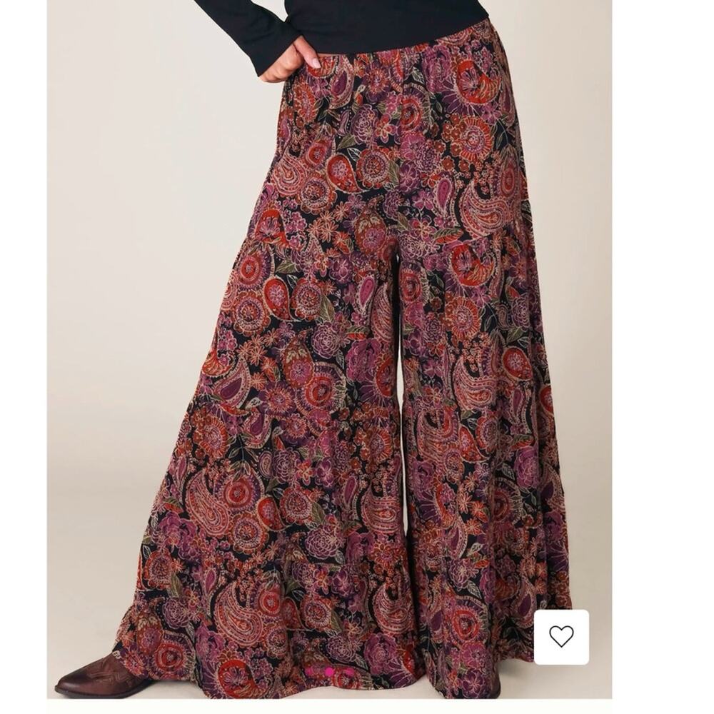 NATURAL LIFE Patti knit palazzo pants size M black sketched paisley